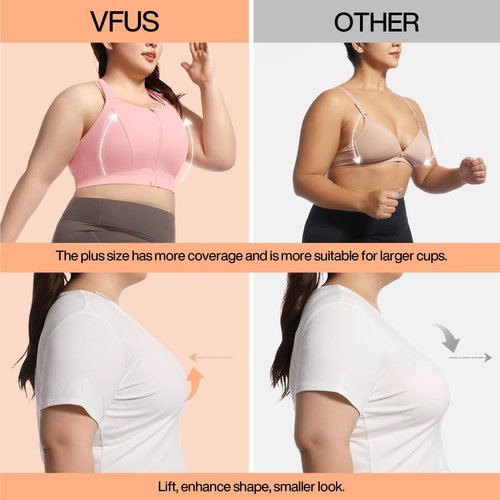 VFUS High Impact Sports Bras for Women Adjustable Zip Front Plus Size Workout Bra Full Coverage Removable Padded Running (XX-Large Plus, Black)