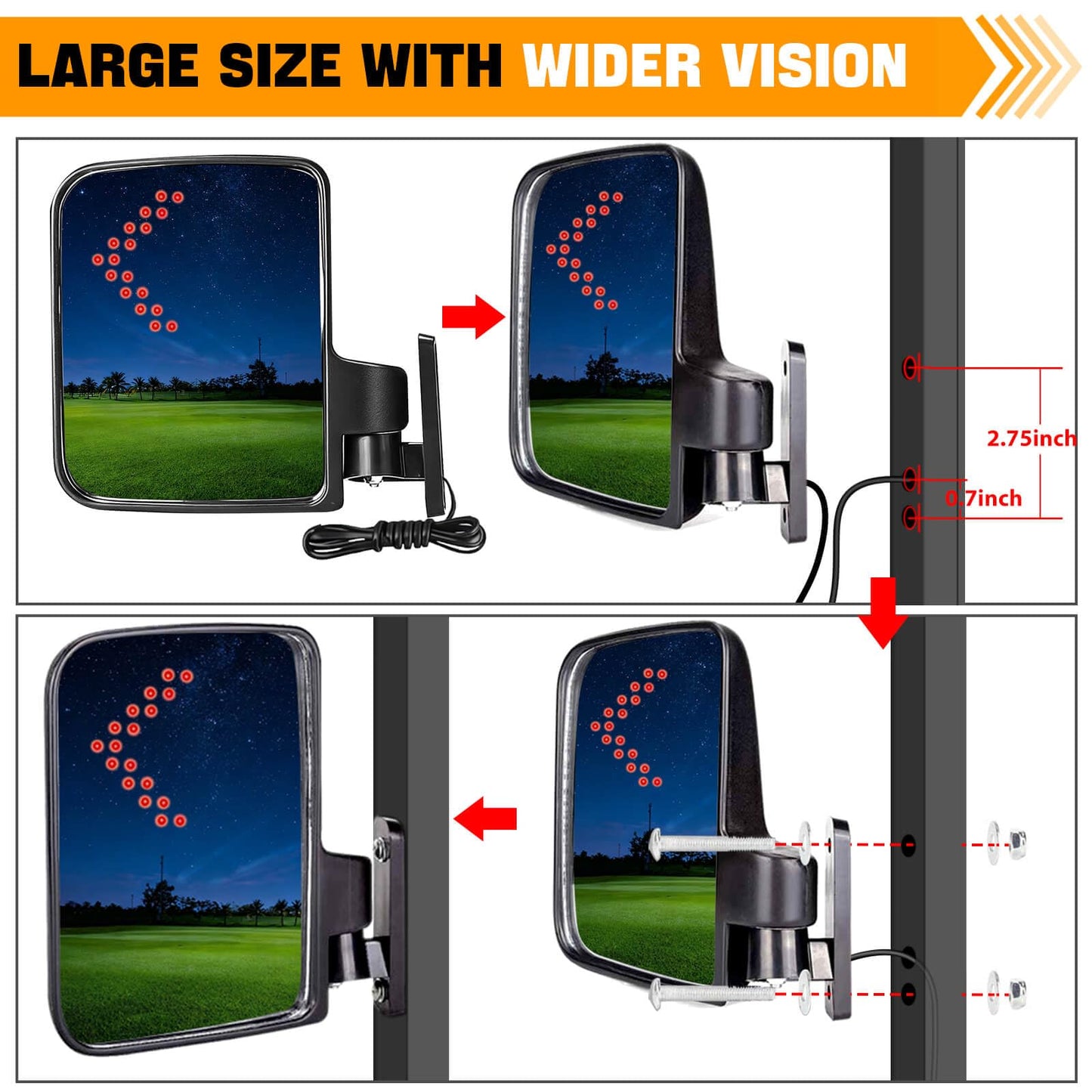 Universal Golf Cart Side Mirrors Rear View Mirror with Turn Signal Light for Club Car,EZGO and Yamaha Golf Carts