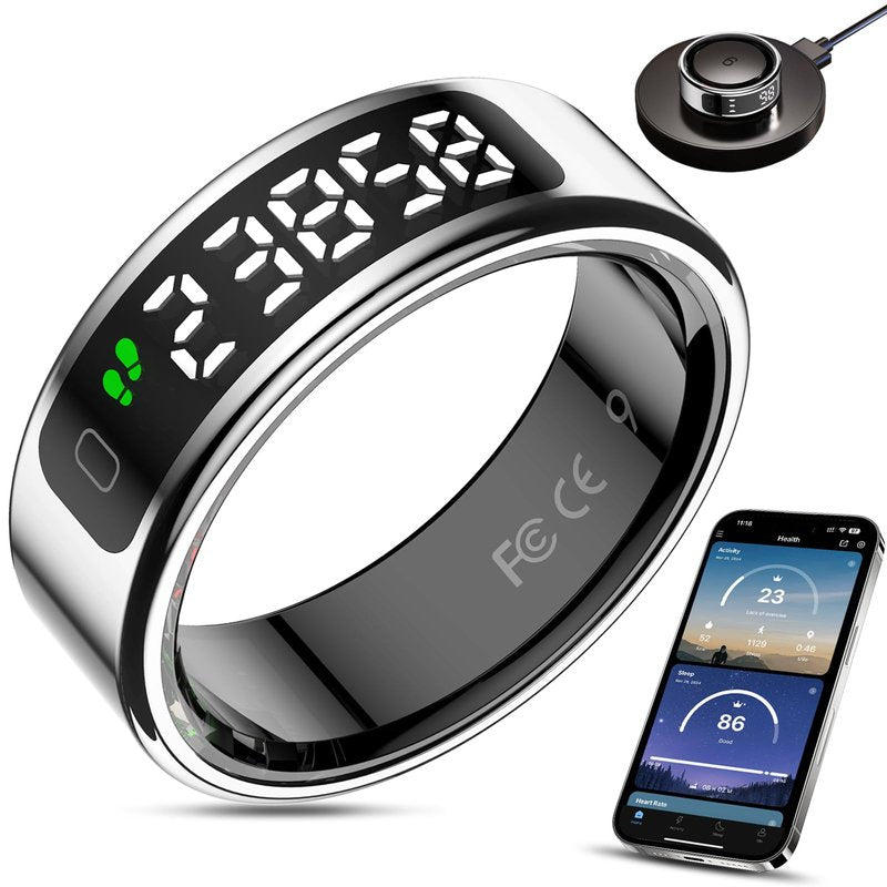 Walpck Smart Ring with LED Display Screen,Sleep&Fitness Tracking Wearable for Women/Men,Accurate Monitoring of Pedometer, Heart Rate,Blood Oxygen (R11, Silver, 10)