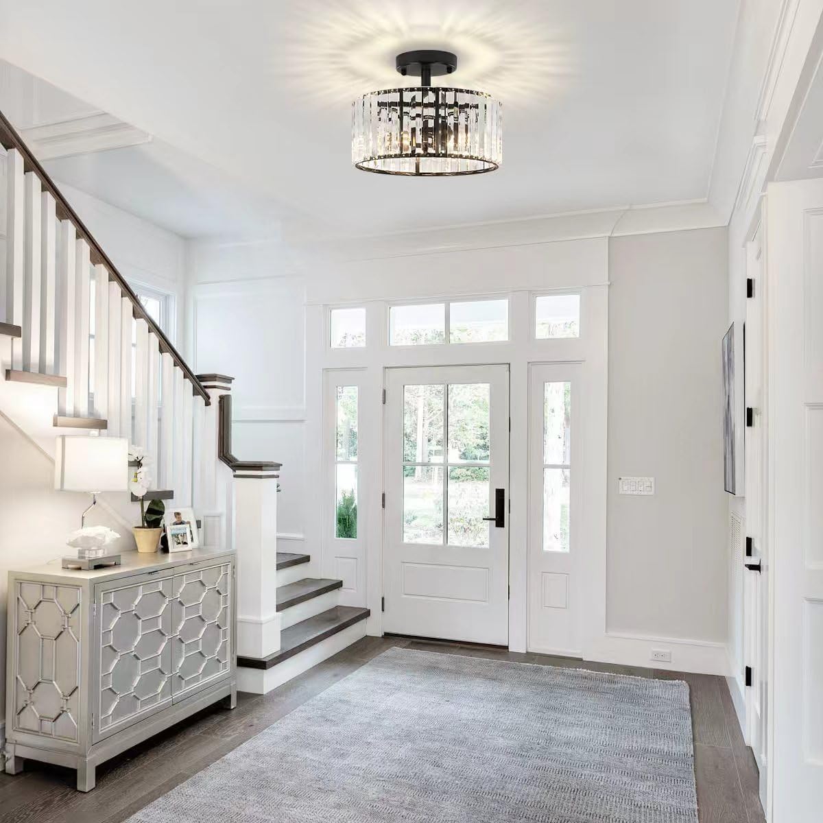 TOULMJ Crystal Ceiling Light, 3-Light Semi Flush Mount Ceiling Lighting Fixture, Black Round Hallway Light Fixtures for Kitchen Entryway Bedroom Laundry Room