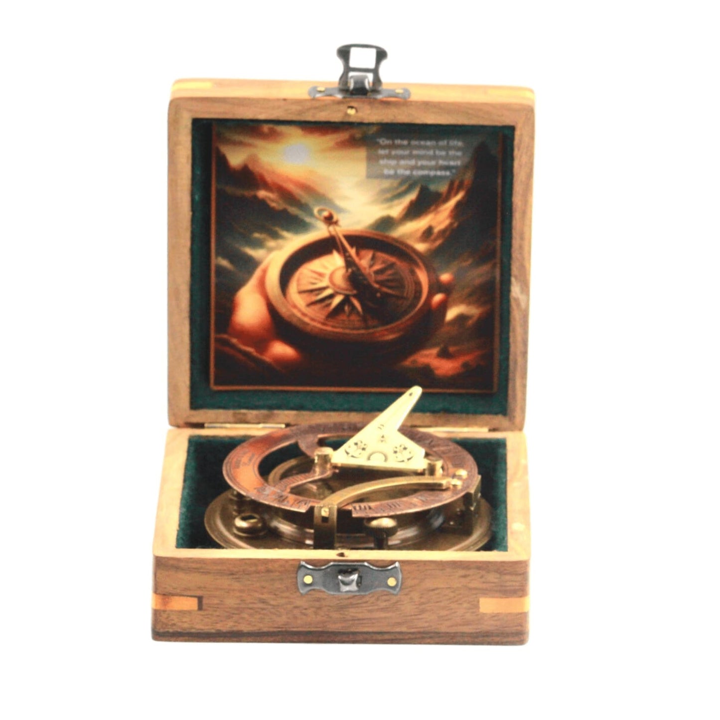 Gilbert and Sons Antique Brass Sundial Compass with Engraved Wooden Case