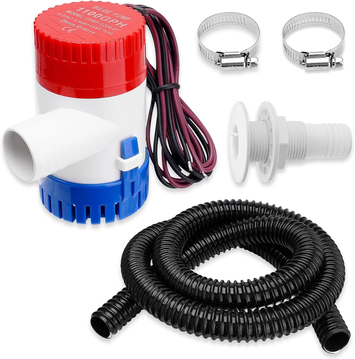 1100 GPH Boat Bilge Pump - 12V Plumbing Kit with 6FT Hose & Clamps | Ideal for Fishing Boats & Yachts
