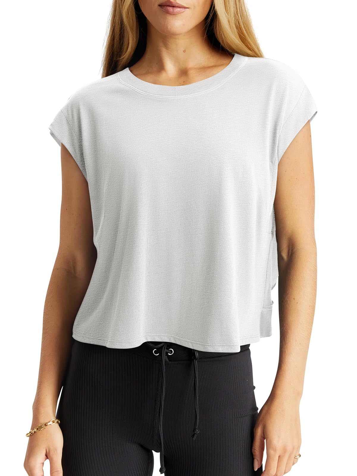 LASLULU Womens Open Back Workout Tops White Short Sleeve Crop Tank Tops 2026 Summer T-Shirts Loose Athletic Yoga Pilates Exercise Running Gym Shirts(White, Small)