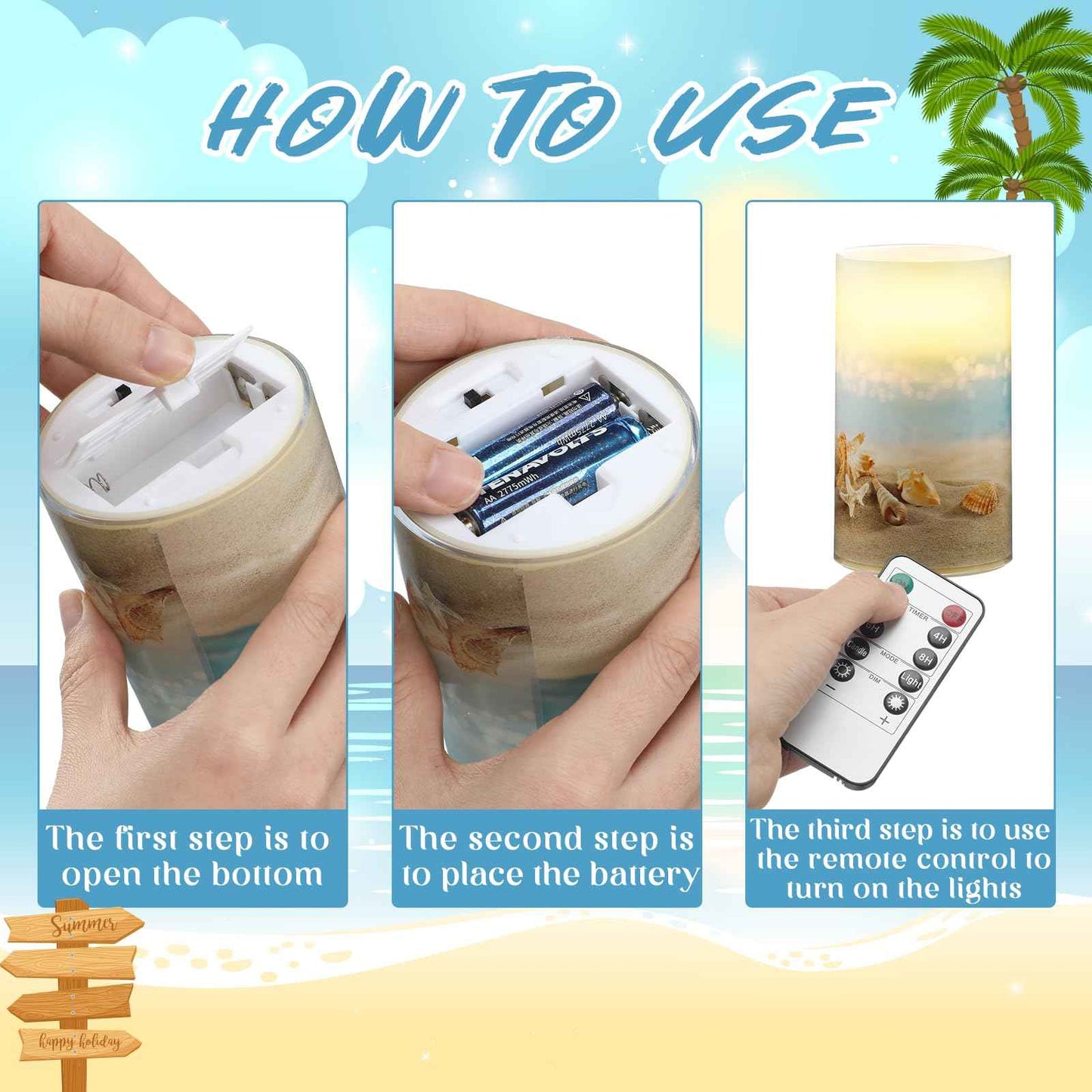 Tujoe 3 Pcs Summer Starfish Flameless Candles LED Battery Pillar Candles Set Battery Operated Flickering Candles Gifts with Remote Summer Decor for Holiday