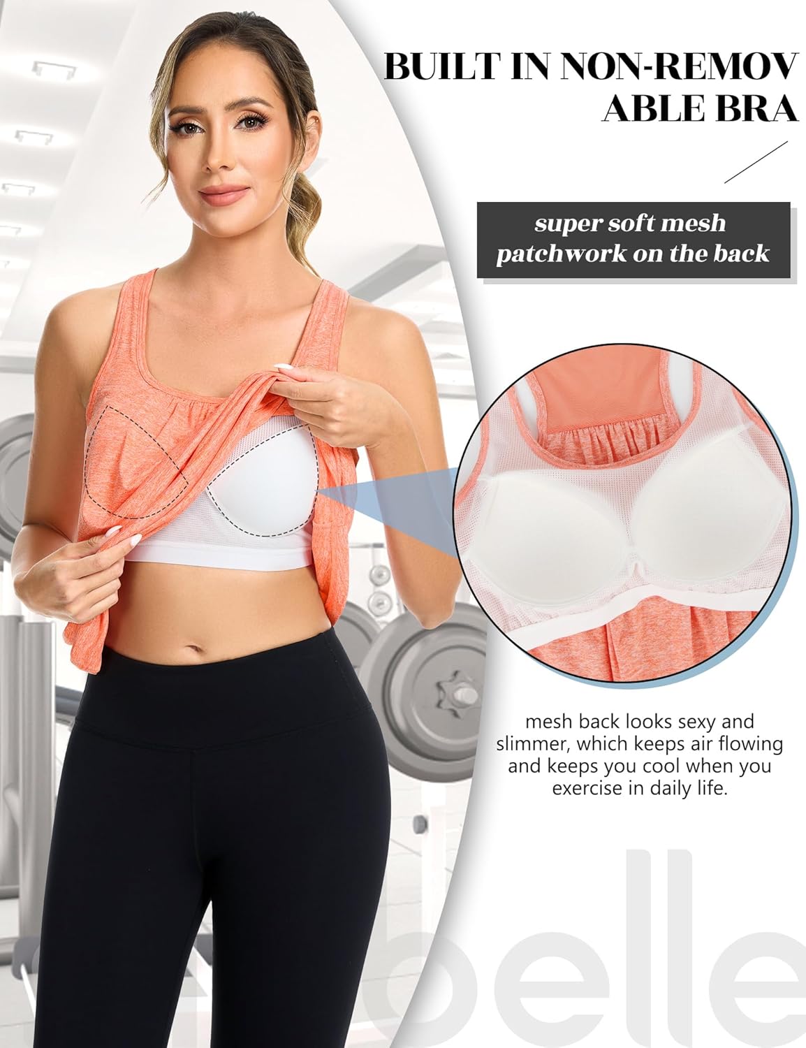 SLIMBELLE Women's Mesh Racerback Tank Top - Sleeveless Athletic Cami with Built-In Bra | Perfect for Gym & Yoga