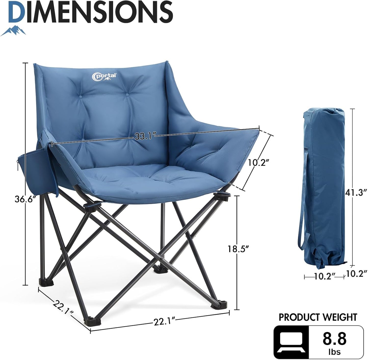 Portal Oversized Padded Camping Chair - Heavy-Duty Folding Design with Cup Holder & Side Pocket, Supports 350 lbs | Blue