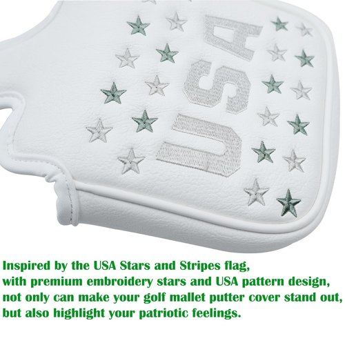 Gbourly Golf Club White USA Square Mallet Putter Cover Patriotic Magnetic Heel Shafted PU Leather Headcover