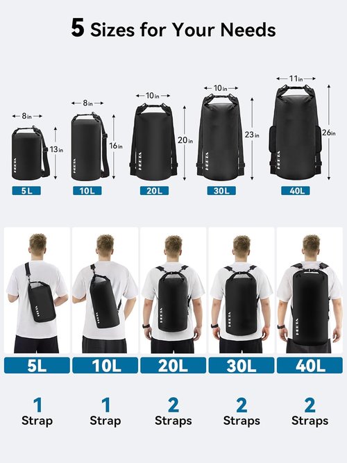 HEETA Waterproof Dry Bag - Lightweight Roll Top Backpack with Emergency Whistle | 5L/10L/20L/30L/40L for Travel, Kayaking, Camping