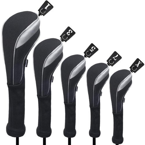 Andux 5pcs/Set Nylon Golf Wood Club Head Covers 460cc Driver Covers with Long Neck Black