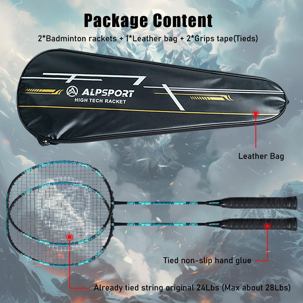 ALPSPORT XW The Tortoise 6U G5 Graphite Professional Badminton Rackets Sets of 2, Full Carbon Fiber Racquets with 1 Leather Bag, 2 Tied Grips Tapes, Padel Raket for Sports Training (Black)