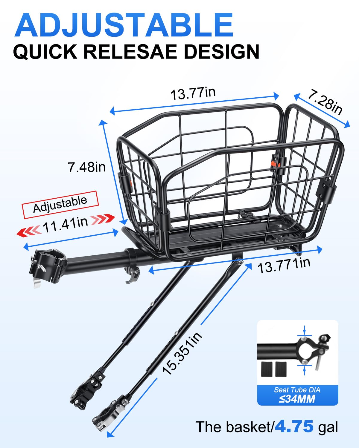 POWVINE Rear Bike Basket, Aluminum Bike Cargo Rack, 22L Capacity Bicycle Basket, Foldable & Removable for Adult Bikes (Tube≤34mm), 165lbs Capacity, Includes Reflector & Bungee Cords