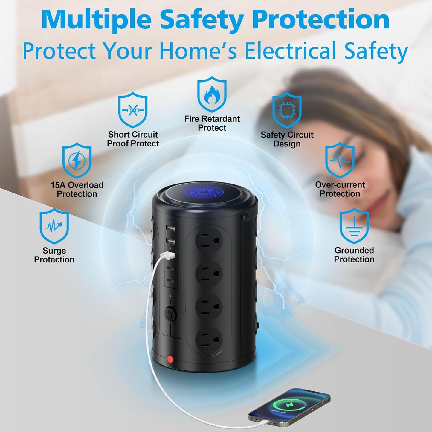 15W Wireless Charging Surge Protector Power Strip with 16 AC Outlets & 5 USB Ports - Desk Charging Station for Home, Office & Dorm Room (10FT)