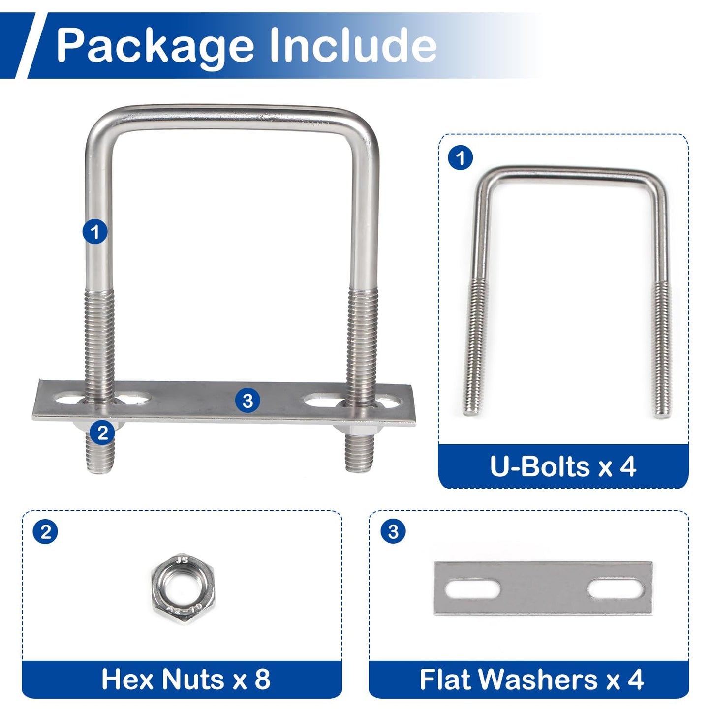 MroMax 4Pcs Square U-Bolts 1-1/2" Inner Width, M8 x 40 x 100mm 304 Stainless Steel U-Bolts with Frame Plates and Nuts, 3.94" Length, for Automobiles Trailer, Ski Boat, Sailboat and Trailer