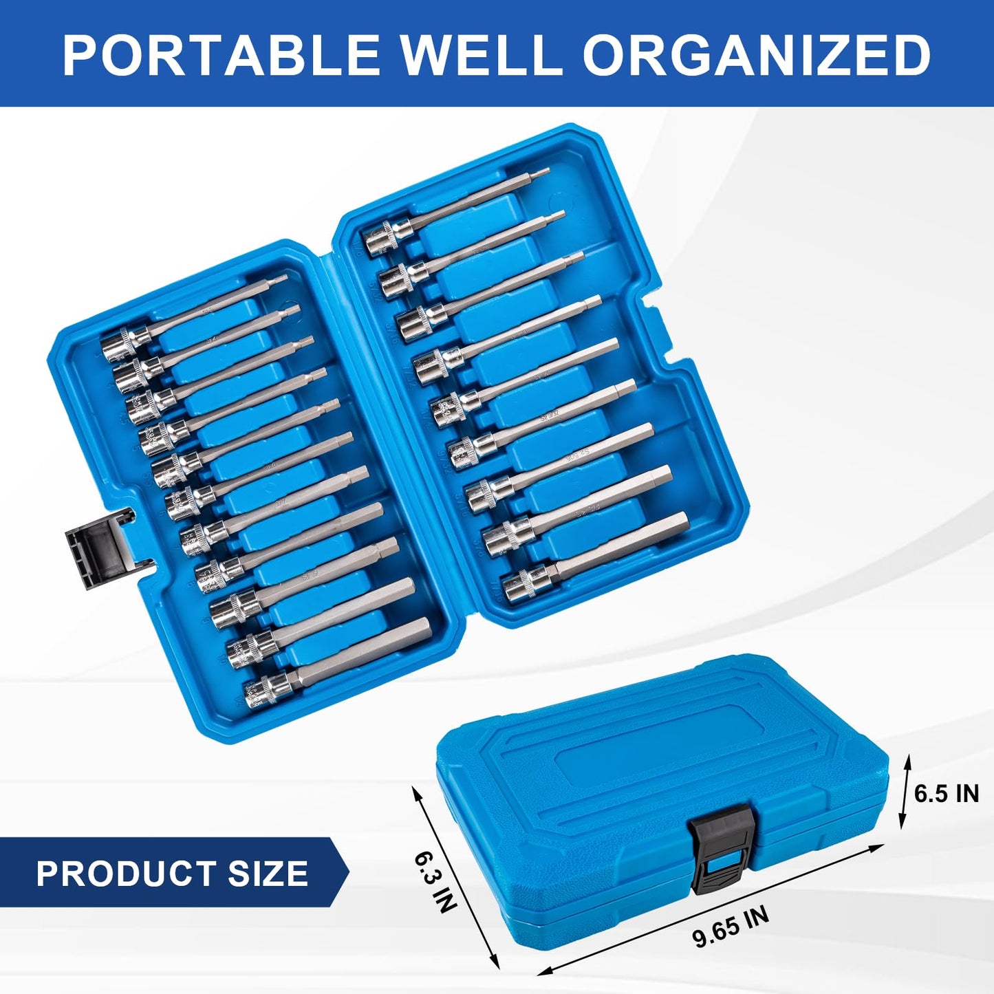 Feikenee 20PCS Extra-Long Allen Hex Bit Socket Set, 3/8 Inch Drive Allen Socket Set, SAE & Metric(1/8"-7/16", 3-12mm), CR-V and S2 Alloy Steel