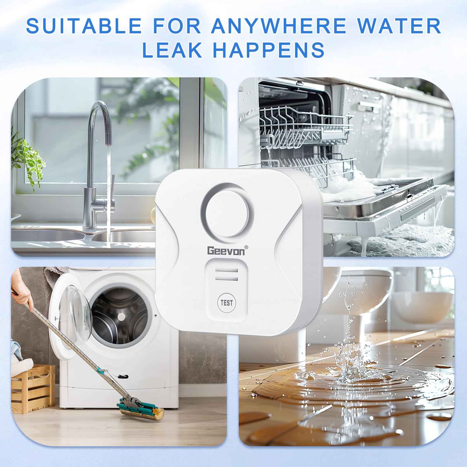Geevon 4 Pack Water Leak Detectors for Home, 100dB Loud Water Alarm Sensor Leak Detection with Drip Alert for Basements, Laundry Rooms, Kitchen, IP56 Waterproof(Battery Included)