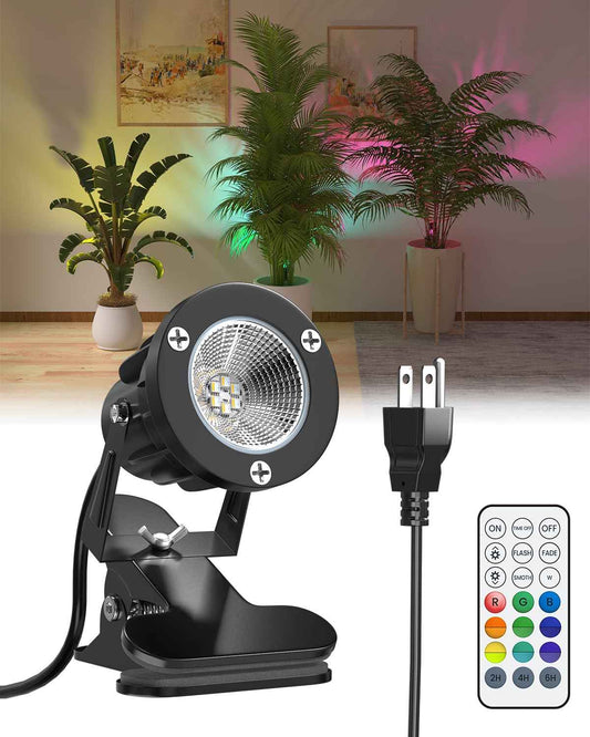 TobeBright 6W RGB LED Spot Light Clip On with Remote Control, Plug in Spotlight Indoor and Outdoor IP65 Water Resistant with 1.78m Cord, 15 RGB Colors + Warm White 3000K