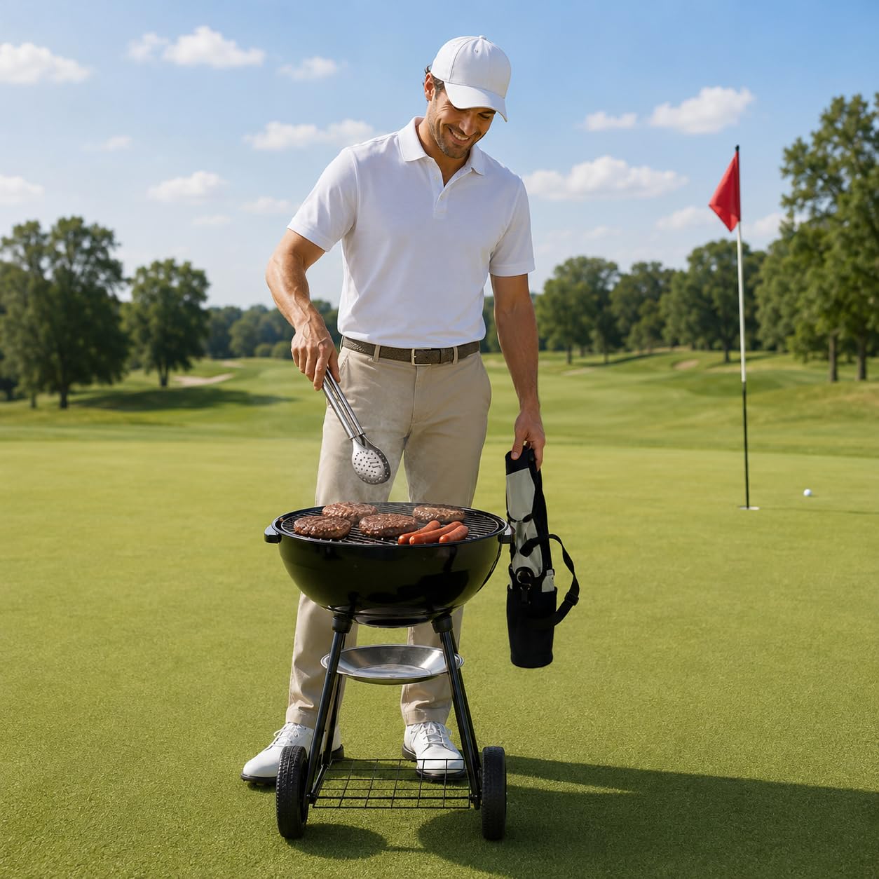 Outset Stainless Steel Golf Club Grill Tool Set, Includes Tool Golf Bag, Spatula, BBQ Fork, and Tongs