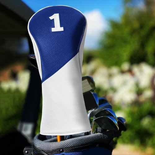 FINGER TEN Golf Club Head Covers for Woods Driver Fairway Hybrid with Interchangeable Number Tag 1 3 5 Premium Leather Headcovers for Women Men (Blue&White, D+F+H)