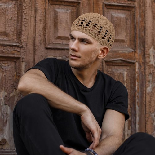 Boyiee Kufi Hat for Men Muslim Knit Kufi Cap Crochet Beanie Skull Beanie African Hat for Men Women(Black,Khaki,Gray, Brown,Classic Style)