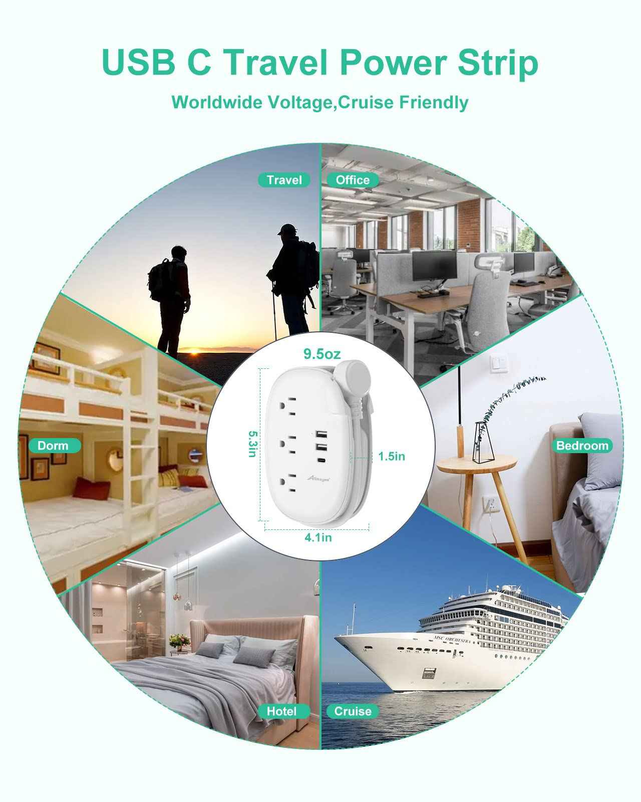 Alitayee USB C Travel Power Strip,Portable Power Strip with 3 Outlets 3 USB Ports Fast Charge, USB Extension Cord with Flat Plug and 4ft Wrapped Around Extension Cord for Cruise Travel Home Office