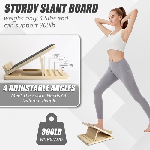 Adjustable Wooden Slant Board for Calf Stretching - 300lb Capacity Calf Stretcher with Resistance Band, Squat Wedge Incline Board for Knees & Ankle Physical Therapy, Plantar Fasciitis Relief