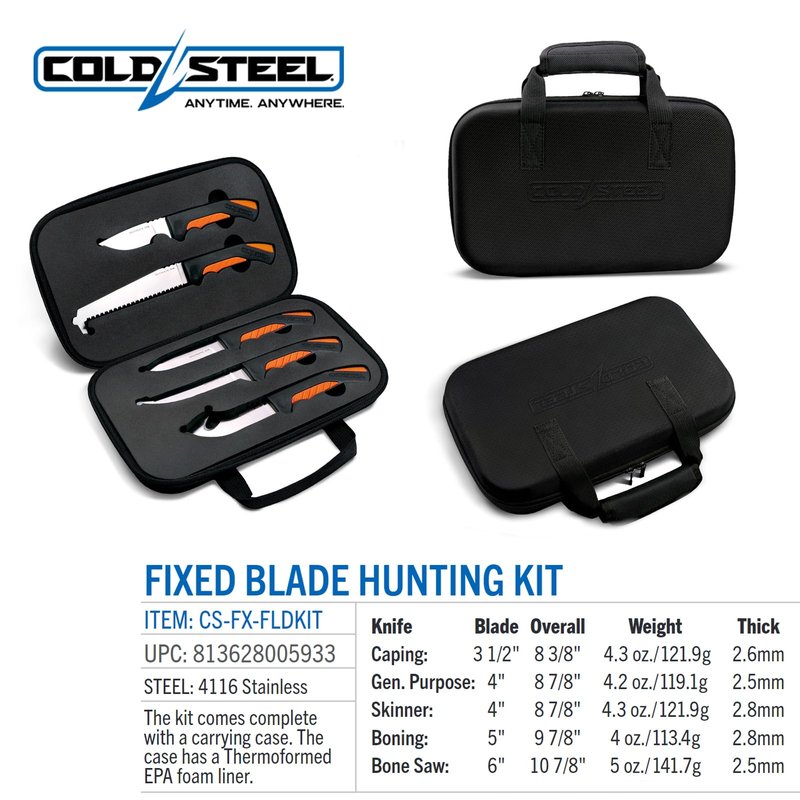 Cold Steel 5 Fixed Blade Knives Versatile Durable Hunting Kit - Sturdy 4116 SS Blades, Double-Textures Handles, Carrying Case Included