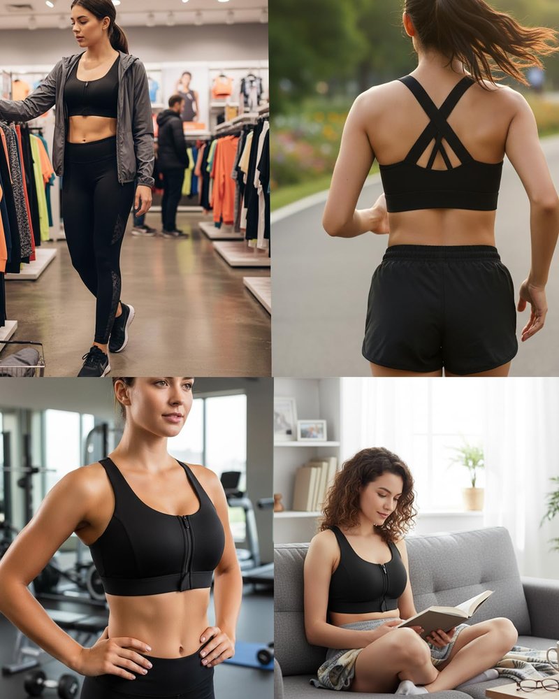 newlashua High Support Sports Bras for Women - High Impact Zip Front Sports Bra Padded Strappy Back Workout Bra L Black