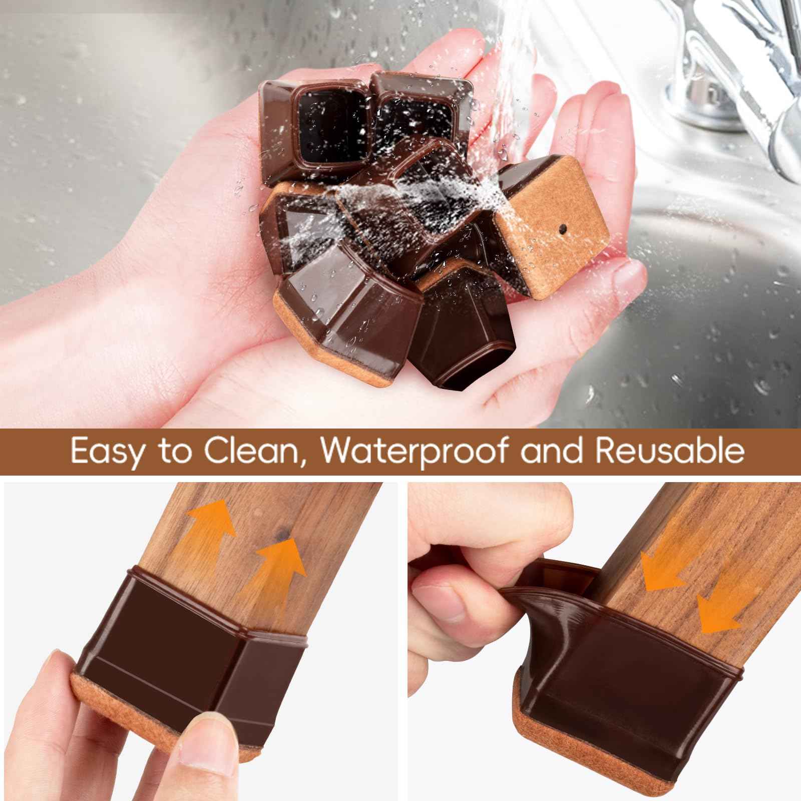 28Pcs Square Chair Leg Floor Protectors with Wrapped Felt Bottom, Silicone Chair Leg Protectors for Hardwood Floors, Chair Legs Cover Prevents Scratches & Reduce Noise (Brown S Fit 0.87"-1.10")