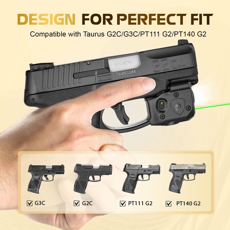 WARRIORLAND Pistol Light Laser Combo Fits Taurus G2C /G3C / G3/ PT111 G2 / PT140 G2, Compact 150-Lumen Trigger & Rail Mounted Tactical Weapon Light, Green Laser & White LED Flashlight, SLL-101G