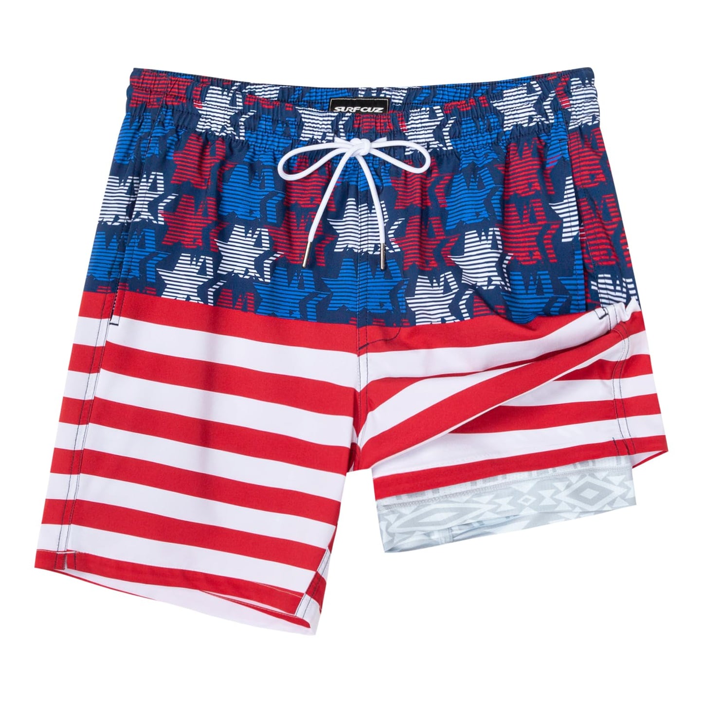 SURF CUZ Mens Swim Trunks with Compression Liner Quick Dry Swim Shorts 7" Swimming Trunks Stretch Bathing Suit 7 Inch,American Flag,L