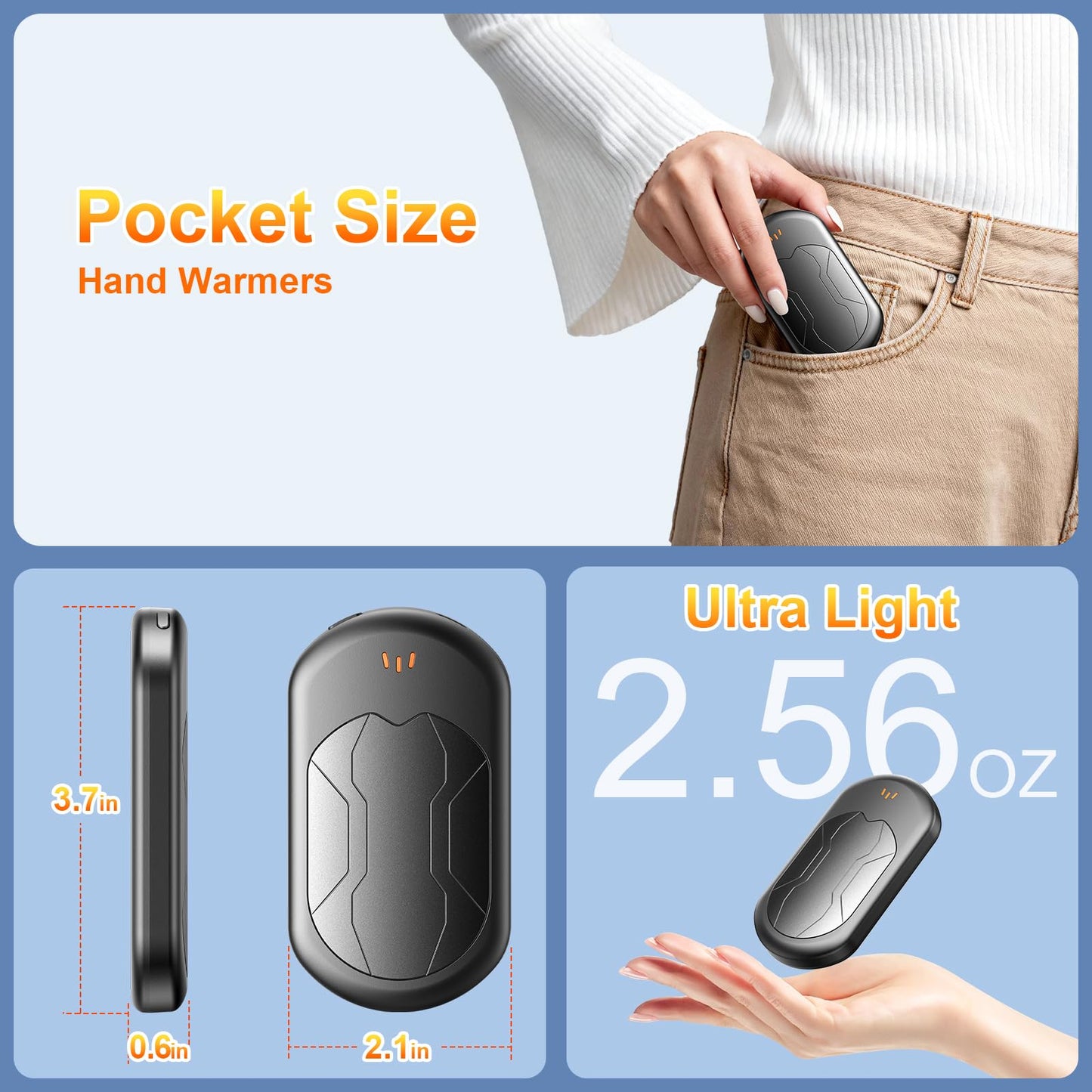 Electric Hand Warmers Rechargeable 2 Pack with 3 Heating Mode,Portable Hand Heater,Smart Chips,USB Quick Charge, Winter Gifts for Christmas, Outdoor, Golf, Hunting, Camping,Valentine's Day Gifts