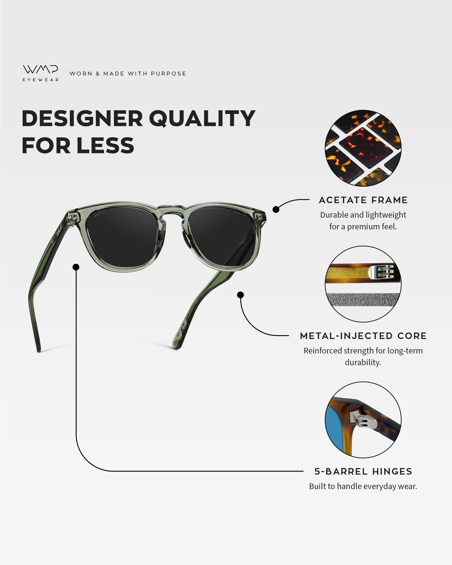 WearMe Pro WMP Eyewear – Men’s Polarized Sport & Golf Sunglasses: Round Frame, Anti-Reflective Lenses, Non-Slip Nose Pads, Lightweight (Crystal Agave Frame/Black Lens)