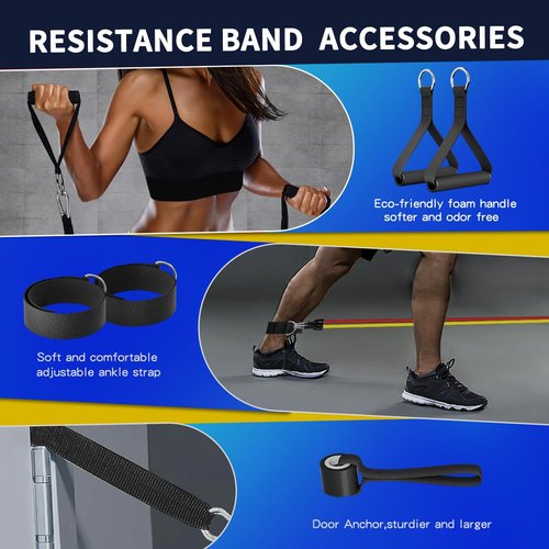 WHATAFIT Resistance Bands Set with Handles - Exercise Bands Home Gym Strength Training Equipment, Includes Door Anchor & Ankle Straps for Full Body Workout Bands, Physical Therapy - for Men and Women