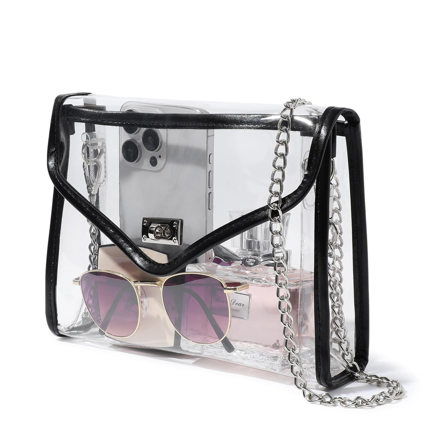 Bucosd Clear Purse for Women Stadium Approved, Clear Crossbody Bag with Leather Edging for Concert Sports Events (Black - Silver Chain)