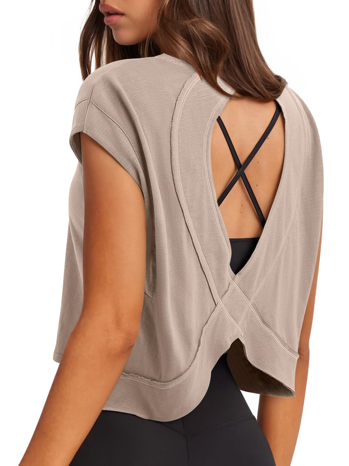 LASLULU Womens Open Back Workout Tops Short Sleeve Crop Tank Tops 2026 Summer T-Shirts Loose Athletic Yoga Pilates Exercise Running Gym Shirts(Apricot, Medium)