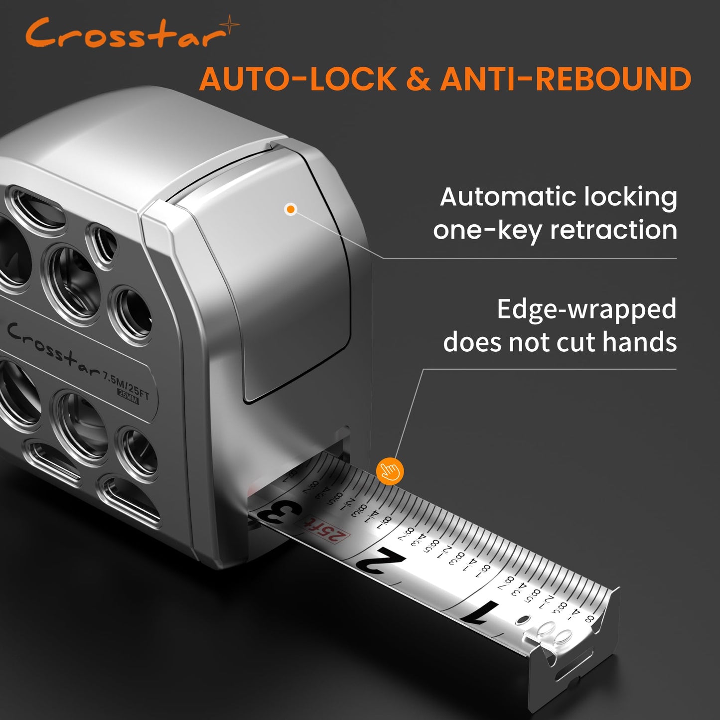 Crosstar 25FT Magnetic Self-Locking Stainless Steel Tape Measure, Double-Sided Scale, Waterproof & Rustproof Retractable Measuring Tape with Hollow Design for Home, Industrial, Woodworking