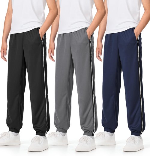 Auranso Boys Sweatpants 3 Pack Mesh Quick Dry Athletic Pants Lightweight Kids Joggers with Pockets 9-10 Years Black Dark-Grey Navy