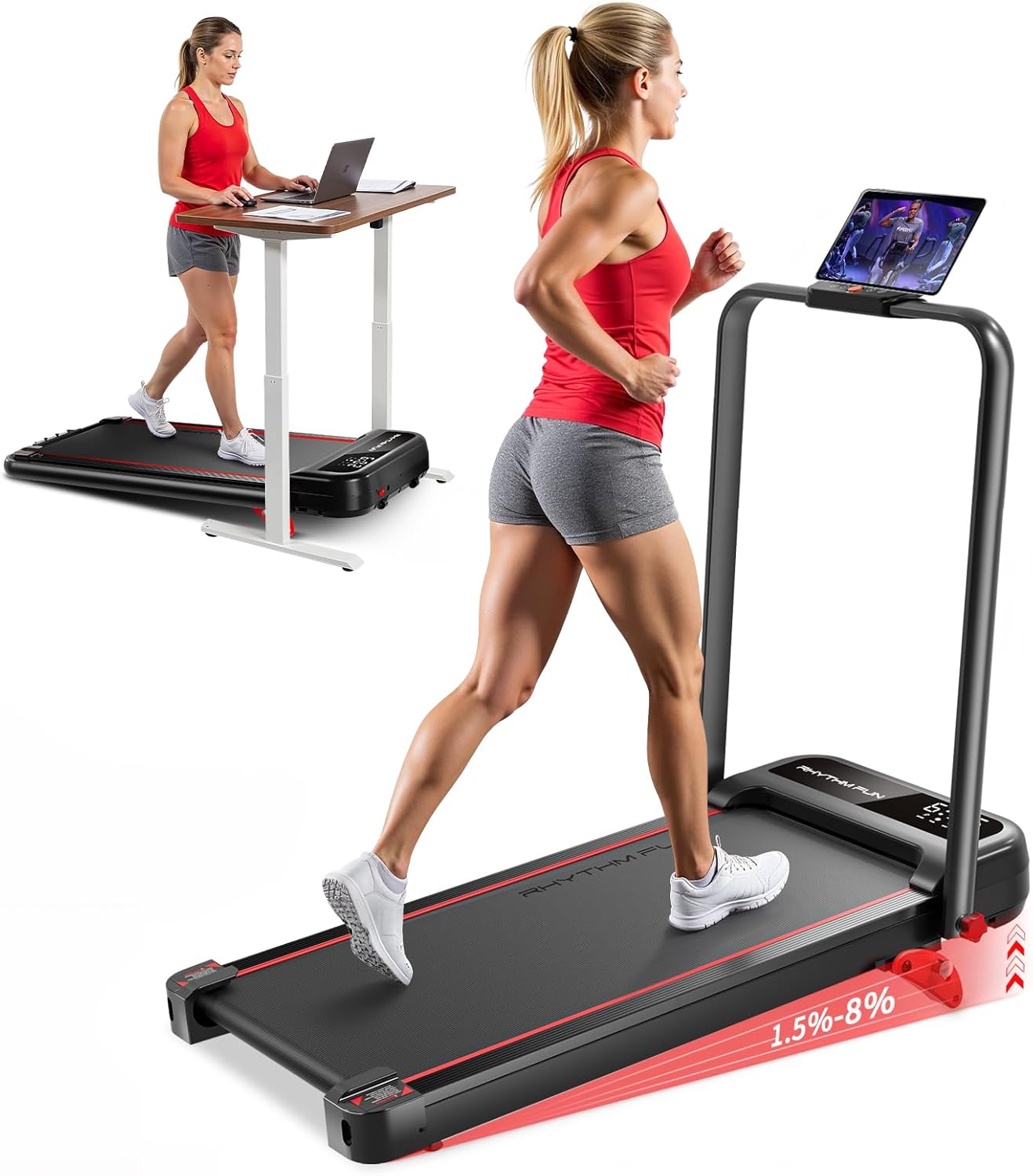 RHYTHM FUN Treadmill - Portable Folding Walking Pad with Incline & Handle Bar | Supports 300lbs, Low Noise