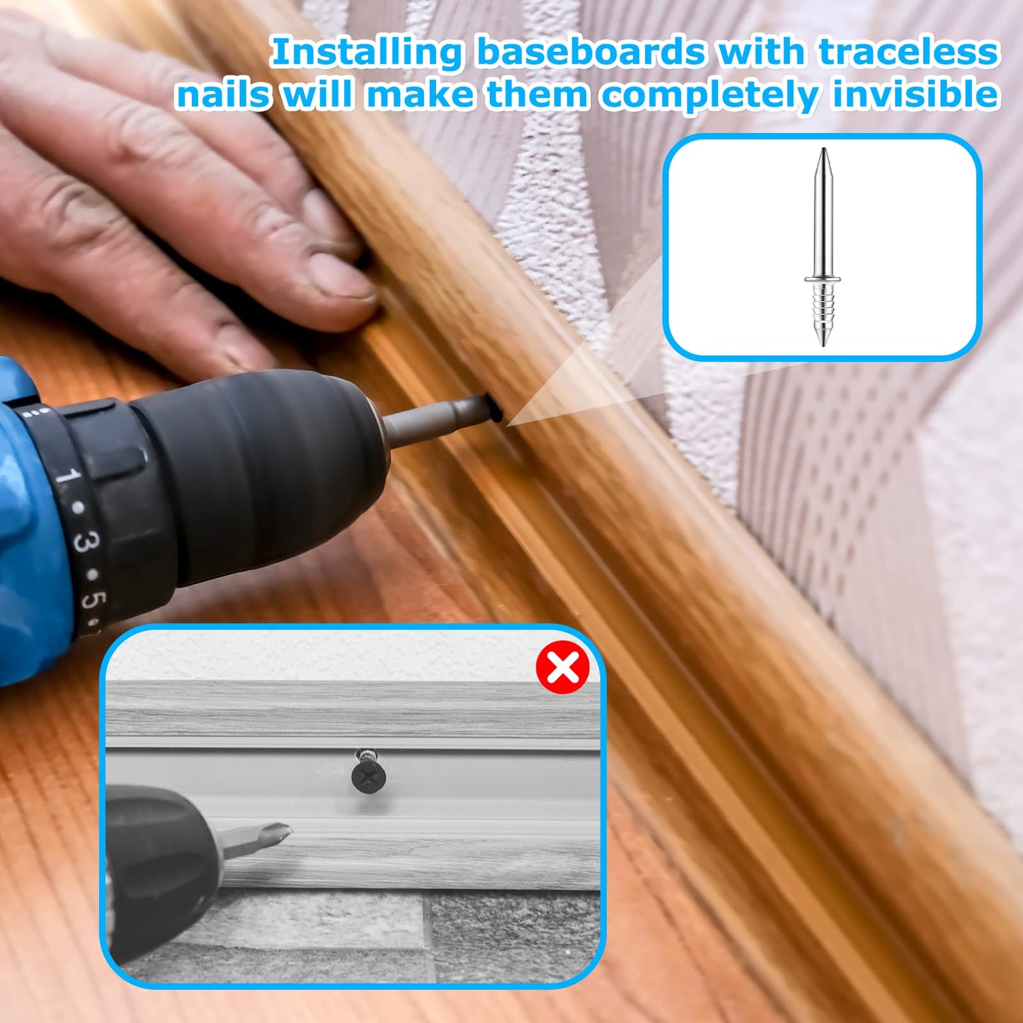 simarro 500 Packs Double-Head Skirting Thread Seamless Nail Bulk, Skirting Line without Marks Nail Invisible Security Screws with 5 Nail Specific Sleeve Tools