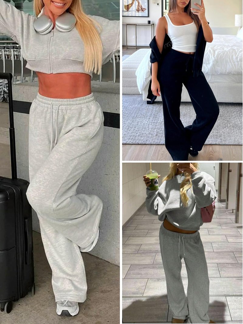 AROGONE Womens Baggy Fleece Lined Sweatpants Wide Leg Drawstring High Waisted Sweat Pants Winter Straight Leg Sweats with Pockets Grey L