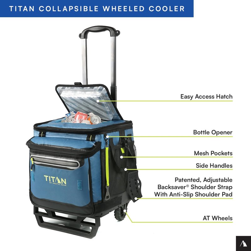 Titan by Arctic Zone Collapsible Wheeled Soft Sided Cooler with Detachable Rolling AT Cart, Insulated Bag with Leak Proof Lining, for Travel, Beach, Picnic, 60 Can Capacity, Marine Blue
