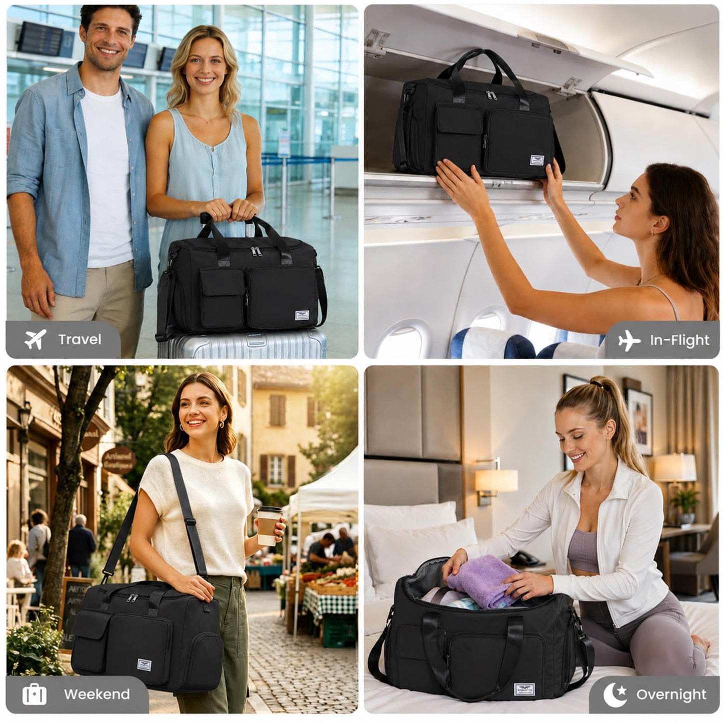 FIORETTO Women's Gym Duffle Bag with Shoes Compartment, 30L Capacity, Ideal for Travel, Gym, Sports, Duffel, Weekender, Black