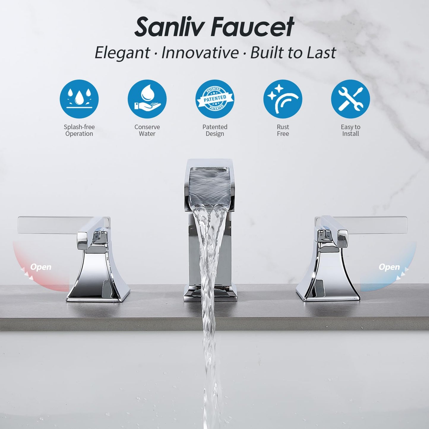 Chrome Bathroom Sink Faucet,Sanliv 3-Piece Widespread Bathroom Faucets for 3-Hole Sinks 4-8 inch,2-Handle Waterfall Vanity Faucet with Drain Assembly,Polished Chrome