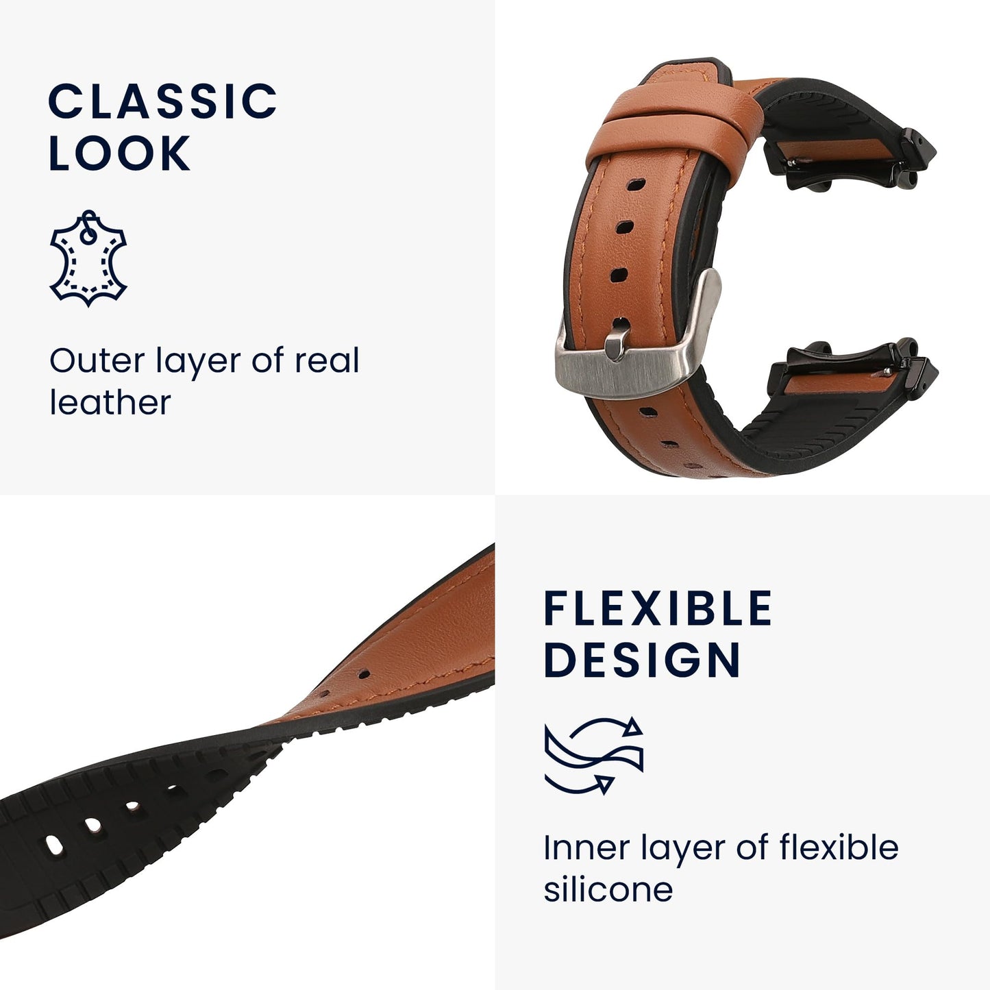 kwmobile Strap Compatible with Amazfit T-Rex 3 Strap - Silicone and Leather Sport Wristband - Brown/Black