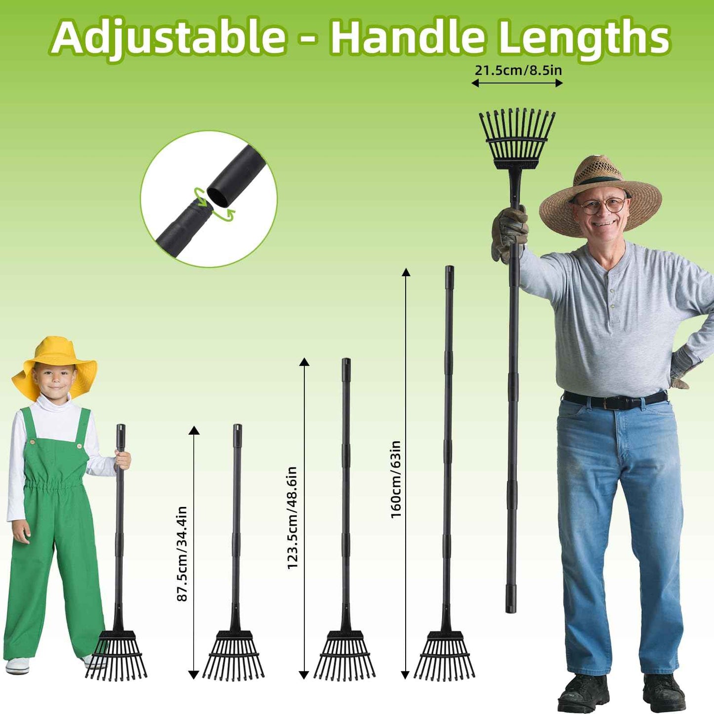 Small Rake for Gardening 63 Inch Adjustable Heavy Duty Garden Leaf Rakes Garden Tools 11 Metal Tines Small Garden Rake for Shrub Flower Bed Mulch Camping, Black