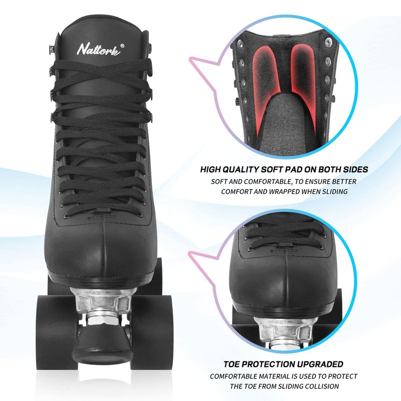 Nattork Roller Skates for Women and Girls, PU Leather High-top Quad Skates for Beginner, Indoor Outdoor Double-Row Skates for Adults - Black