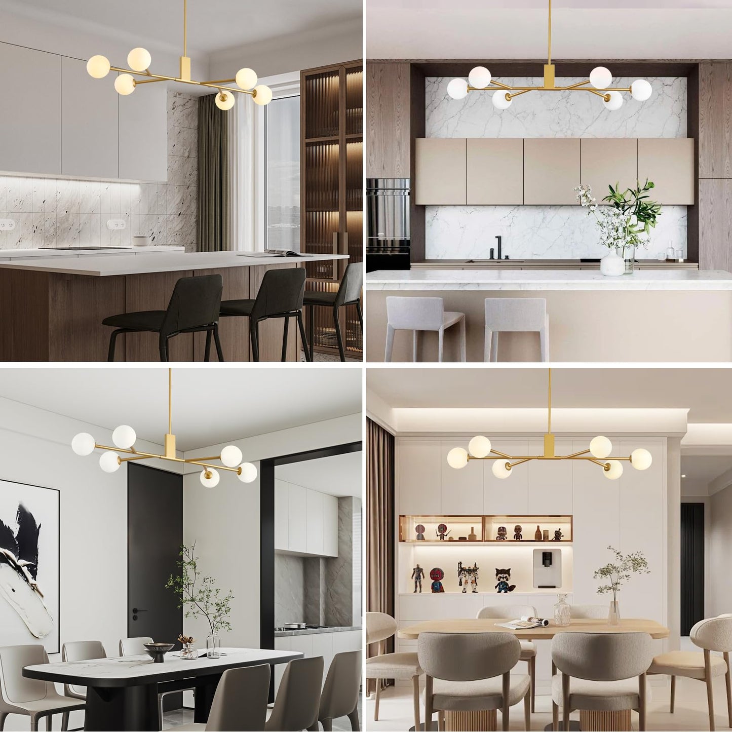 3WWWUEE Modern Gold Sputnik Island Light, 6-Light Glass Linear Chandelier for Dining Room, 46'' Ceiling Pendant Light Fixture with Globe Lampshade, Large Hanging Lamp Over Table, Bar, G9 Base