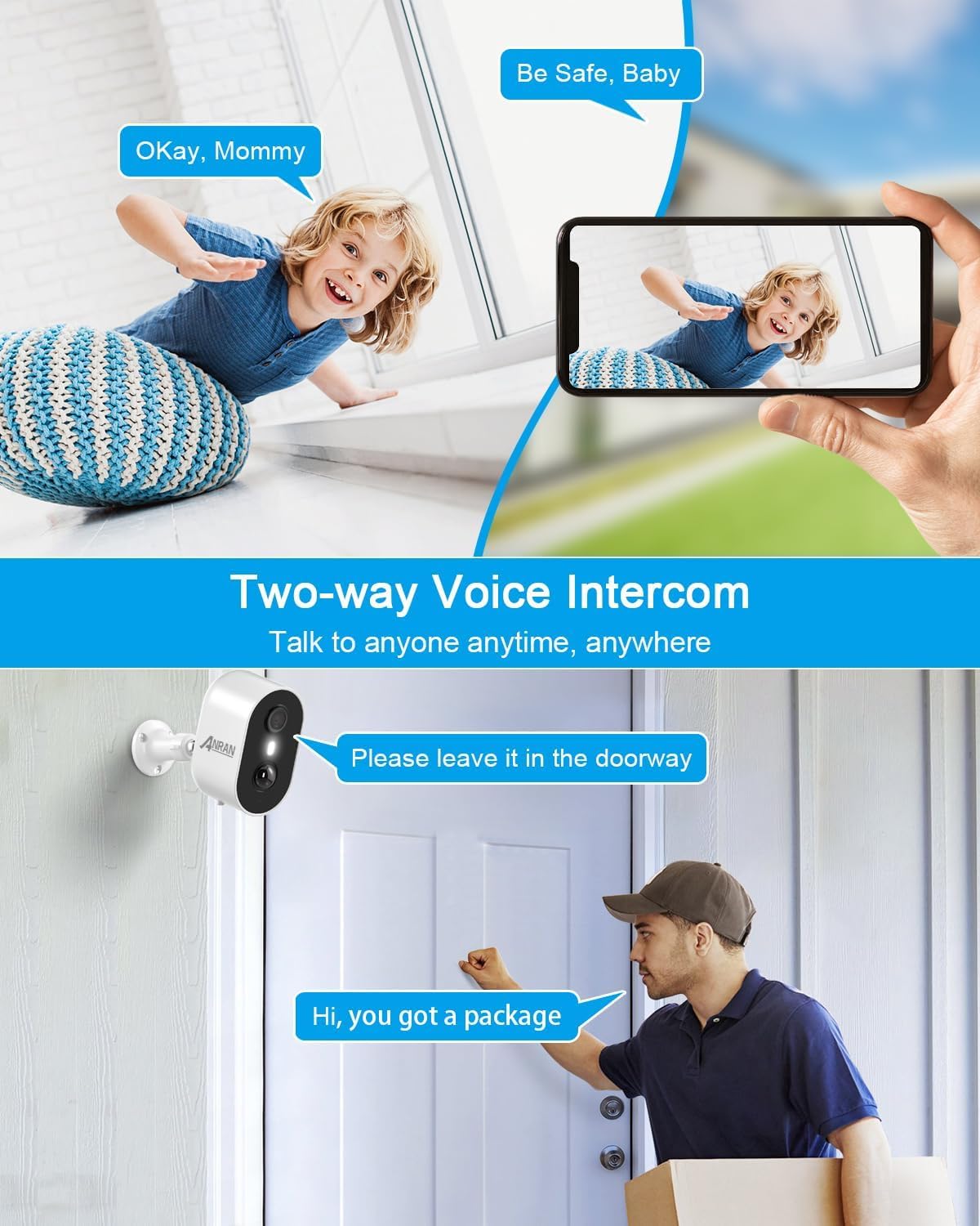 ANRAN Solar Security Cameras Wireless Outdoor for Home Security, 3MP 2K Color Night Vision WiFi Surveillance Home Camera with Solar Panel, Spotlight, PIR Detection, 2-Way Talk, 2 Packs