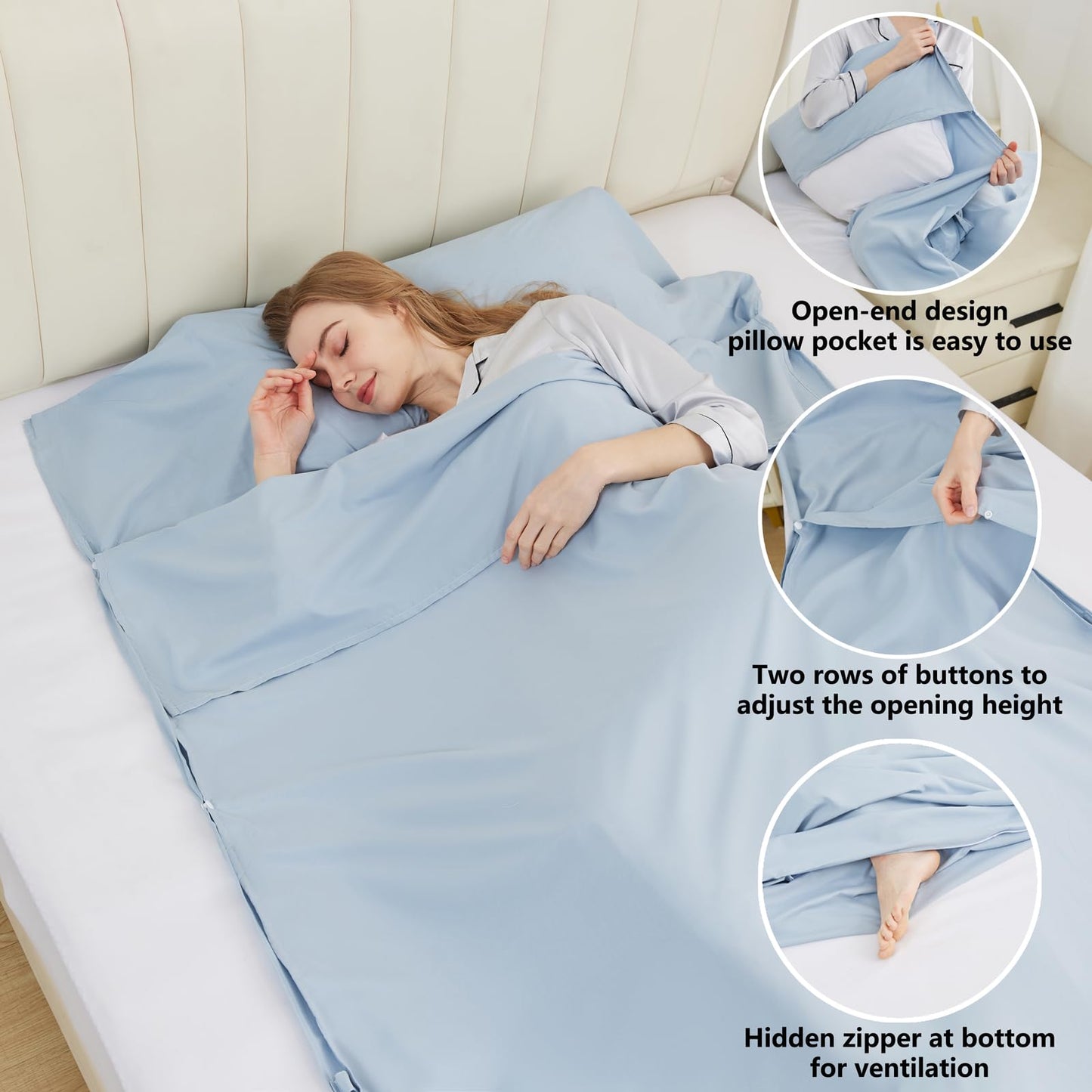 RHINSBENF Sleeping Bag Liner Camping Adult Sleep Sack Lightweight Travel Sheet for Hotel Bed Compact Ultralight Essential Cleaning Supplies Kit Travel Bedding Set for Backpacking (Blue & Single)