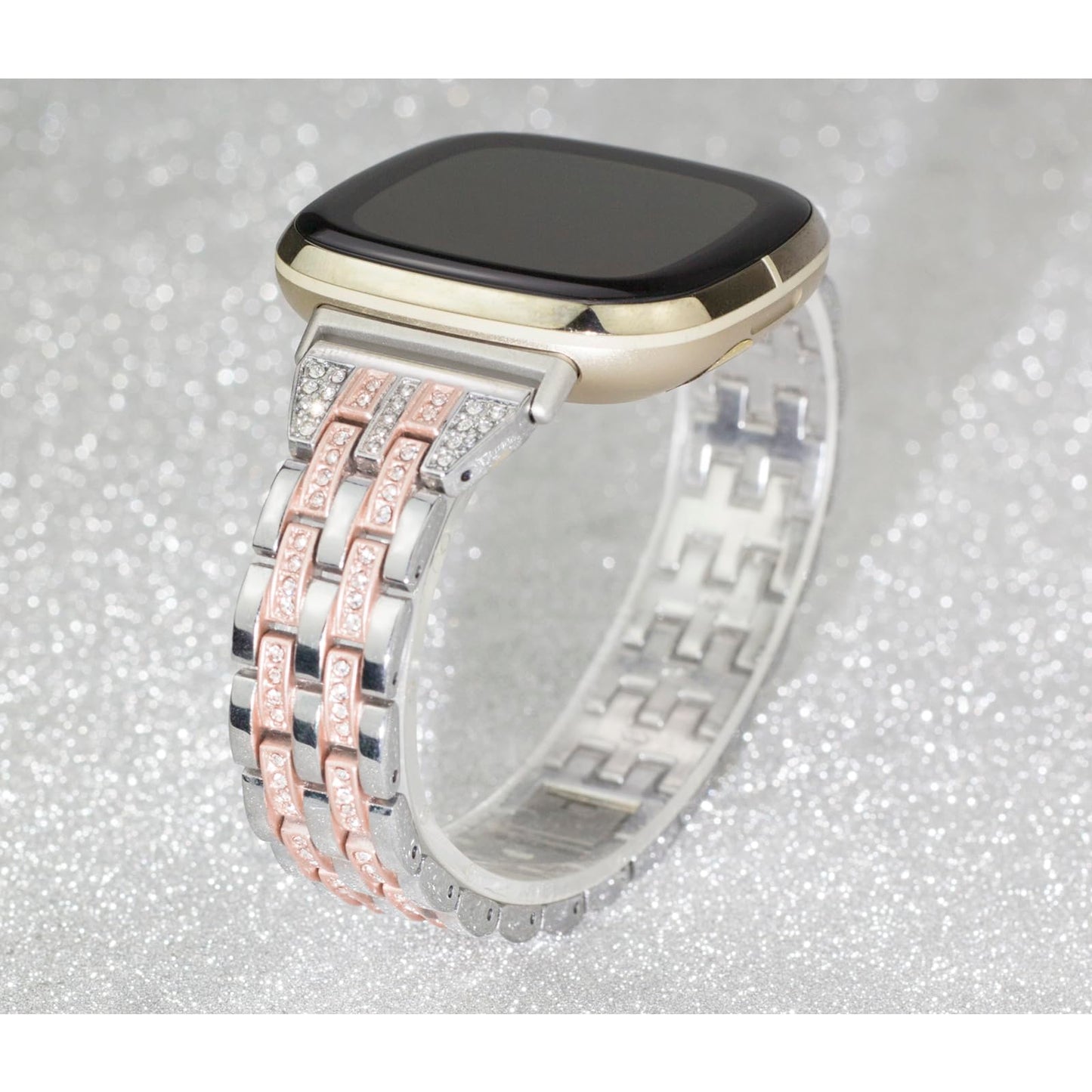 Mtozon Bling Bands Compatible with Fitbit Versa 4/Sense 2/Versa 3/Sense, Women Dressy Slim Bracelet Metal Replacement Wristbands, Silver with Rose Gold